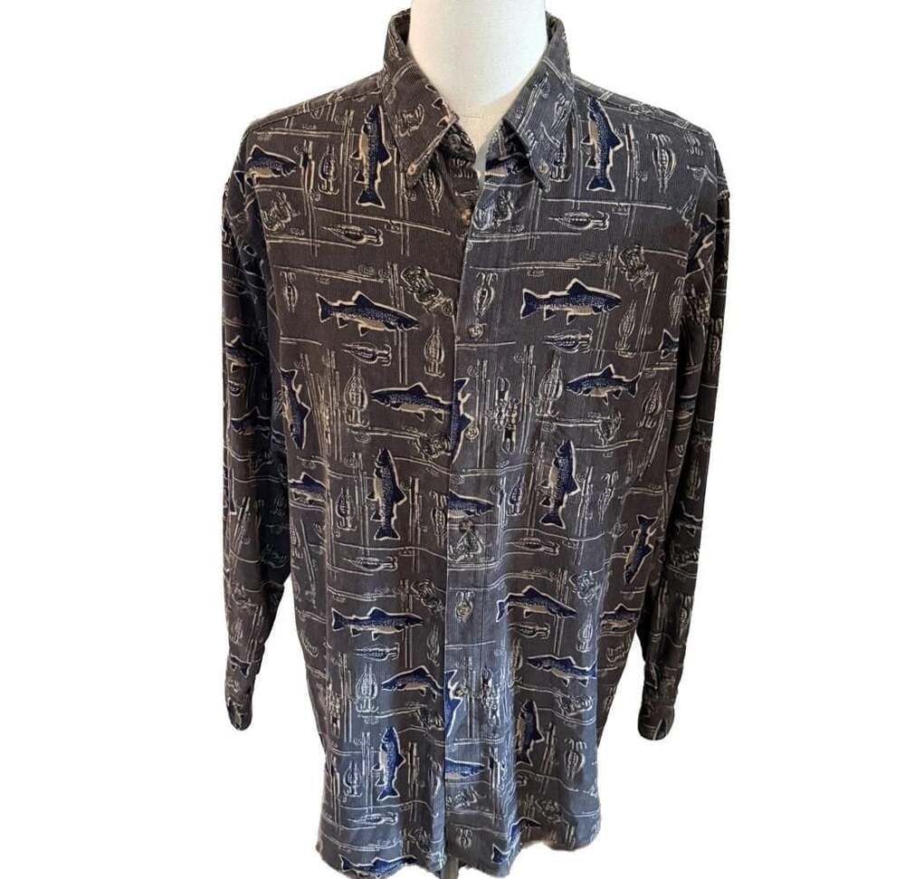 Roundtree & Yorke Outfitters Corduroy Long Sleeve Fishing Pattern Button Down Sh